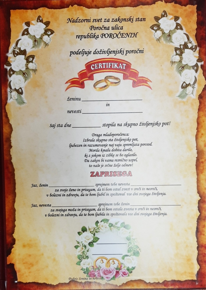 ZAPRISEGA CERTIFIKAT POROČNI